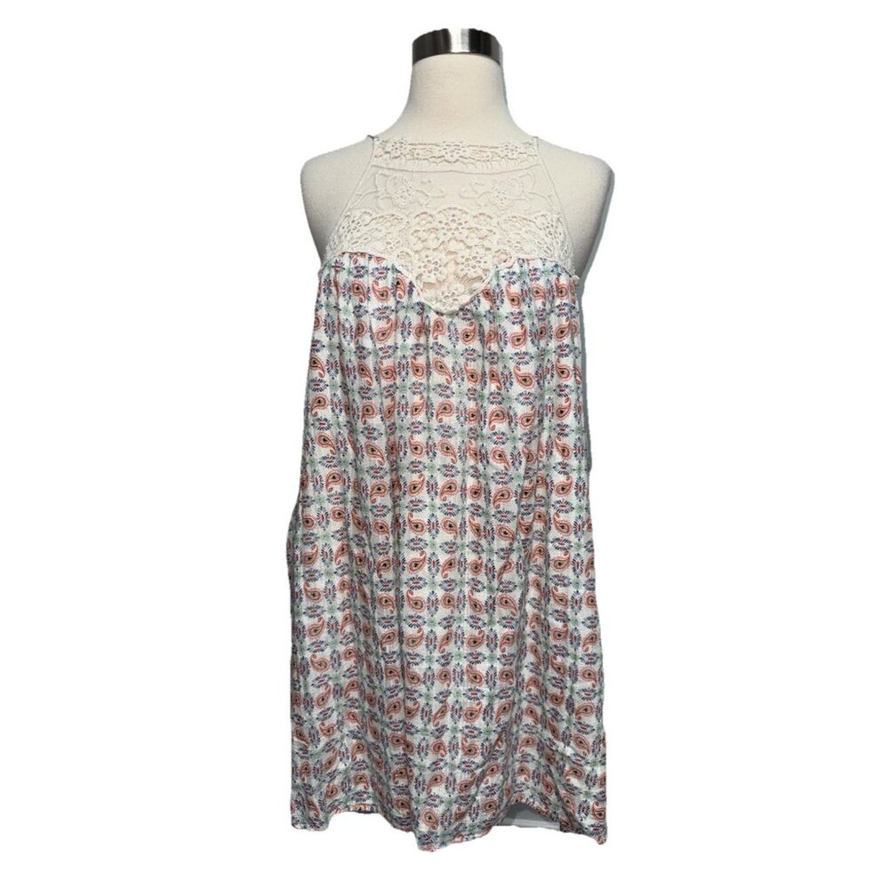 Paisley Halter Mini Dress Ivory Crochet Lace Trim M Cottagecore Whimsical Boho
